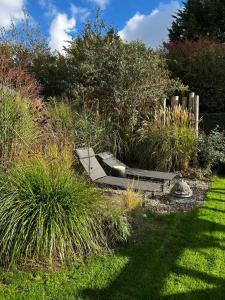 a garden with a wooden bench in the grass at "ZeeLandZon" Holiday home by the lake with Jacuzzi and Sauna in Herkingen +34 photos