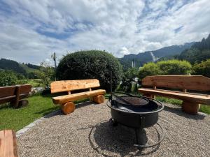 un gril assis à côté de deux bancs et un gril dans l'établissement ciao-aschau Gschwendtnerhof Ap26 Faust, à Aschau