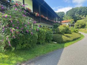 un bâtiment avec des fleurs sur le côté d'une route dans l'établissement ciao-aschau Gschwendtnerhof Ap26 Faust, à Aschau 6 autres photos