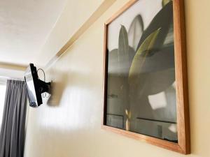 a picture hanging on a wall with a light at Alpino Hotel in Buenos Aires