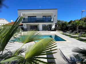 a villa with a swimming pool and palm trees at Villa Palma in Pinezici