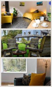 two pictures of a living room with a table and a couch at Badgers Holt House in Plymouth