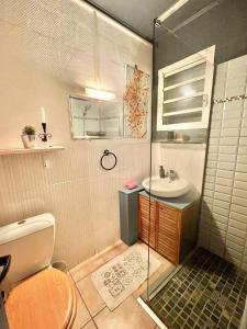 une salle de bain avec douche, lavabo et toilettes dans l'établissement Cascade et Paille-en-queue - Studio, à Hell-Bourg