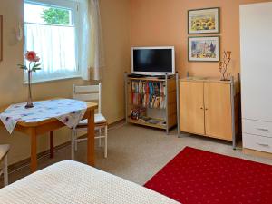 a living room with a television and a table with a vase at FeWo im Dreiländereck in Büchlberg