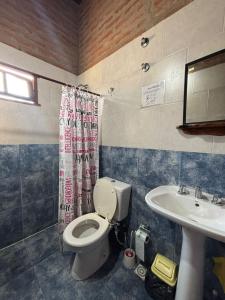 une salle de bains avec toilettes et lavabo dans l'établissement Cabañas La Lila, à Santa Rosa de Calamuchita