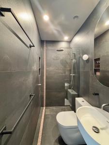 シドニーにあるBalmain Village Retreat AC Parking City 3kmsのトイレ、洗面台、シャワー付きのバスルーム