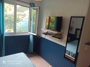 a room with a bed and a mirror and a tv at Cascade et Paille-en-queue - Studio in Hell-Bourg