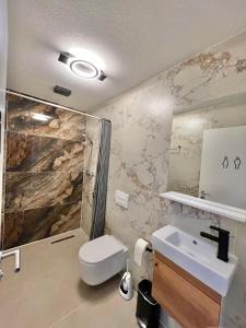 a bathroom with a toilet and a sink and a shower at Hotel Waldegg Zuchwil in Zuchwil