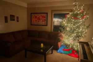 a living room with a christmas tree and a couch at The Homestead! Stylish Escape with Scenic Views in Buena Vista