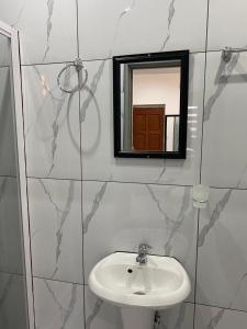 a bathroom with a sink and a mirror at The Palms Guest House in Johannesburg