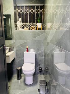 ein Badezimmer mit Toilette und Waschbecken in der Unterkunft Davenport Durban in Durban