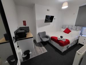 Un dormitorio con una cama, un escritorio y un televisor. en Fishpond Family Suite, en Moffat