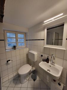 Un baño blanco con inodoro y lavabo. en Anno 1577 - Marktkirchhof 6, en Quedlinburg 27 fotos más