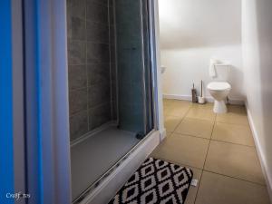 a bathroom with a shower and a toilet at En-suite 6 Woodhouse, private bath, 2 kitchen in Stoke on Trent +32 photos