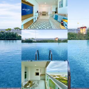 a collage of photos of a house on the water at Apto em condomínio Pé na areia 3 Quartos Cozinha Completa Sacada com Churrasqueira Vaga de Garagem Piscina borda infinita Academia Quadra de esportes Sala de Jogos Summer Home Club acesso direto a praia in Piçarras