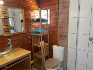 a bathroom with a toilet and a wooden wall at Les gîtes Lanmou 1 in La Désirade +14 photos