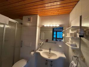 a bathroom with a sink and a toilet and a mirror at Residenz am Park in Sankt Johann in Tirol +72 photos