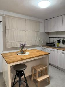 eine Küche mit einer Holztheke und einem Stuhl in der Unterkunft Family House Roza in Gračec