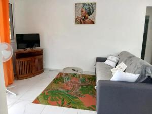 a living room with a couch and a tv at Maison cosy à Lamentin, 20m², climatisation in Lamentin