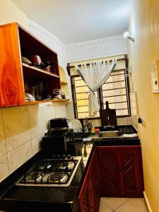 a kitchen with a stove and a sink in it at Jean pierre studio apartment in Malindi