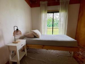 a bed in a room with a window and a lamp at Tai Rapa Nui in Isla de Pascua