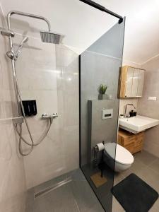 a bathroom with a shower with a toilet and a sink at URBAN BASE CELJE Apartment with FREE Parking & Terrace in Celje +13 photos