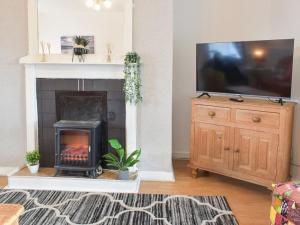 a living room with a fireplace and a flat screen tv at Little Velvet Hall Character Cottage in Velvethall Station