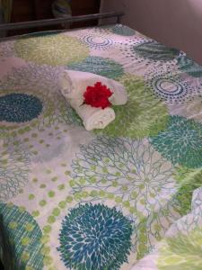 a bed with a towel and a red flower on it at PASSION de PARADIS in Rivière-Pilote