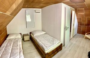 a bedroom with two beds and a mirror at Chata554 Domaša Valkov in Bžany