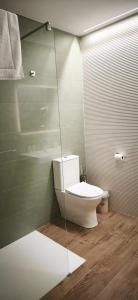 a bathroom with a toilet and a glass wall at Apartamento LORETO - Hotel Ruta del Segur in Pontones