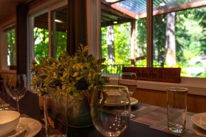 una mesa con gafas y una maceta en ella en Sauk River Cabins - Hot tub - Firepit, en Darrington