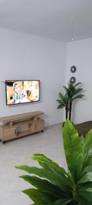 a living room with a tv and a plant at Maison de cèdre in Azrou