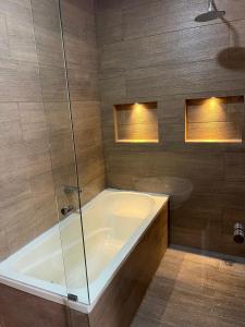 une salle de bain avec baignoire et douche en verre dans l'établissement Casa Larrea, à Cuenca