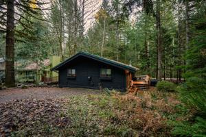 a black cabin in the middle of a forest at Mid-century Cabin Hideaway - Hot Tub & Fire Pit in Rhododendron