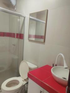 a bathroom with a toilet and a sink and a mirror at Habitación confort in Puyo