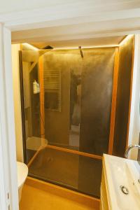 une douche avec une porte vitrée dans une salle de bain dans l'établissement T3 Tout Equipé Sur La Comédie, à Montpellier