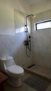 a bathroom with a toilet and a shower at Tai Rapa Nui in Isla de Pascua