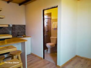 エル・カラファテにあるTHE BLUE GLACIERのトイレ、洗面台、鏡のあるバスルーム +74枚の写真
