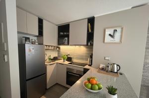 Una cocina con un bol de fruta en la encimera. en Santiago Centro I Eventos Movistar Arena, en Santiago