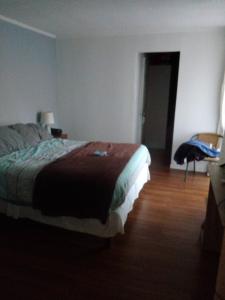 a bedroom with a bed and a table and a door at Casa campo in San Vicente de Taguatagua