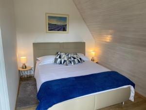 a bedroom with a large bed with a blue blanket at Holiday house with a parking space Zlobin, Gorski kotar - 15452 in Benkovac Fužinski