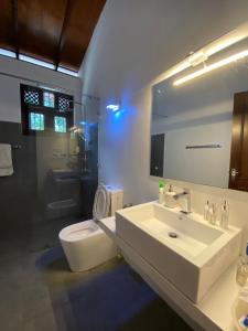 a bathroom with a sink and a toilet and a mirror at Villa Red, Battaramulla in Sri Jayewardenepura Kotte +17 photos