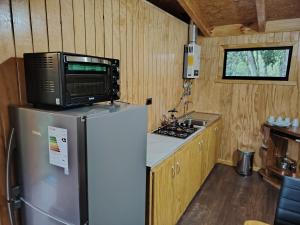a small kitchen with a microwave on top of a refrigerator at Cabañas Del Monte 2 in Melipeuco
