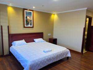 ein Schlafzimmer mit einem großen Bett mit einer weißen Decke in der Unterkunft Hotel FerAnthon in Cuenca