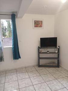 a living room with a television on a table at Maison au Bois-Court in Le Tampon +5 photos
