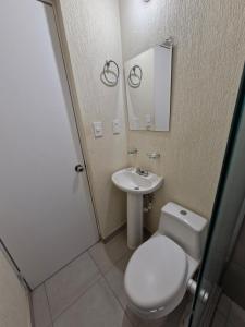 een badkamer met een toilet, een wastafel en een spiegel bij Casa Alta California Pet Friendly in Tlajomulco de Zúñiga +11 foto's