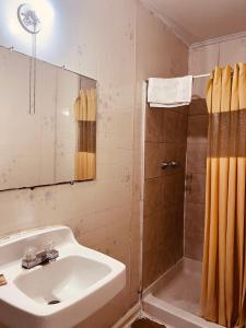 ein Badezimmer mit Waschbecken und Dusche in der Unterkunft Budget Motel in Manning