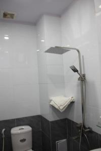 a white bathroom with a shower and a toilet at Thu Van Apartment in Xuan An