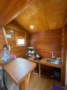 a kitchen with a sink and a wooden wall at Villa Iraa in Dieng