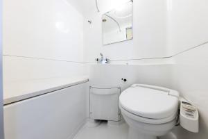 a white bathroom with a toilet and a mirror at Crasco TABI-NE in Kanazawa